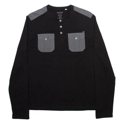 Camiseta masculina GUESS preta manga longa gola botão M - Imagem 1 de 4