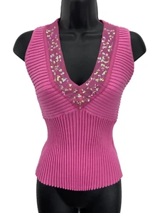 Tracy M Rosa Shirt Camisole Tank Top Damen M Ärmellos V-Ausschnitt Pailletten Neu mit Etikett - Bild 1 von 9