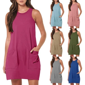 Womens Plain Sleeveless Midi Swing Tank Dress Summer Beach Pocket Loose Sundres* - Picture 1 of 21