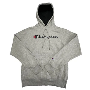 Champion Men's Hoodie Sweater Medium Grey Graphic Print Spell Out Logo Outdoors - Picture 1 of 10