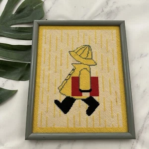 Vintage Handmade Needlepoint Wall Art Raincoat Child Yellow Red Cute Kid 80s - Picture 1 of 6