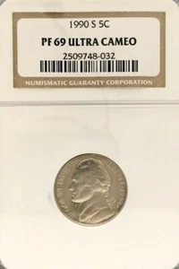 1990-S JEFFERSON NICKEL GRADED PF 69 ULTRA CAMEO BY NGC - Picture 1 of 2