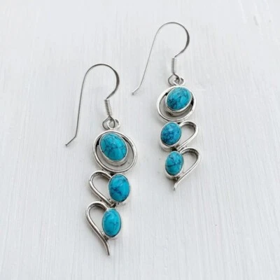 Artisanal Neuf Bijoux 925 Turquoise Argent Boucles Solide Sterling Naturel Stone - Imagen 1 de 4