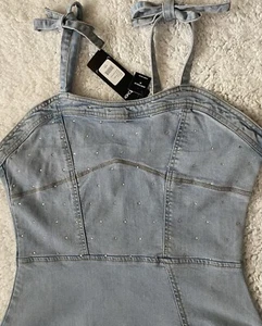 NWT BEBE Women's Sleeveless Denim Fitted Mini Light Wash Dress Medium - Picture 1 of 9