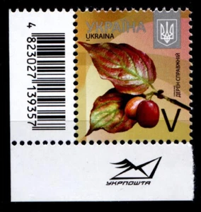 Heilpflanzen und Bäume. Kornelkirsche. 1W. Eckrand(2)+EAN-Code. Ukraine 2015 - Bild 1 von 1