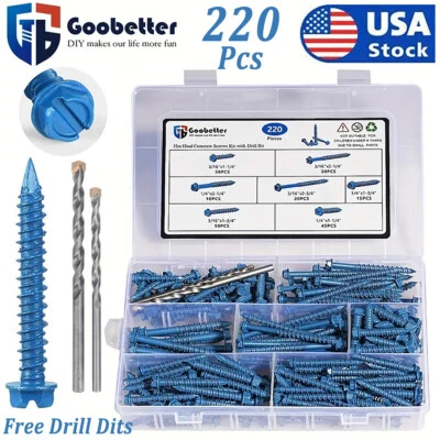 GOOBETTER 220x 1/4" 3/16" Hex Washer Head Concrete Masonry Screws Tapcon Anchor & Bit DIY