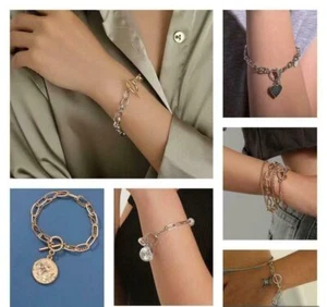 Brazalete de cadena multicapa de oro punk oro plata corazón cruz moneda joyería - Imagen 1 de 7