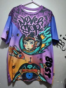 NEVER STOP Purple Cosmic Alien Space Graphic Tee Men's 2XL Embroidered - Picture 1 of 11
