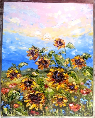 Pintura al óleo original impasto girasoles y flores silvestres 10"x8" de Olga Diduh. Foto 1 de 4