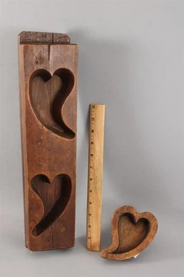 2 Antique Folk Art Primitive Carved Wood Canadian Maple Sugar Candy HEART Molds  - Image 1 of 4