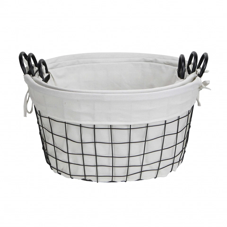 Set Of Three Black Oval Wire Baskets with White Fabric Liners and Handles - Image 1 of 4