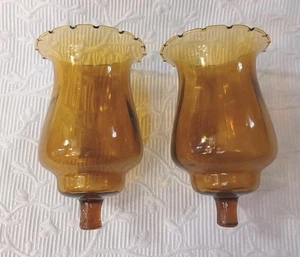 Vtg Set 2 Amber Glass Peg Candle Votive Cup Ruffle Top 6in Tall - Picture 1 of 8