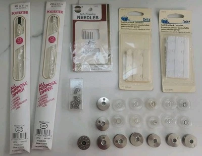 Sewing Bundle: 2 Zippers, Self Threading Needles, Bra Extender, Bobbins, Etc - Image 1 of 4