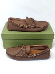 Gucci Brown leather Mens Loafers Tie GG Drivers UK 9 US 9.5 EU 43 780143 1250G - Picture 1 of 16
