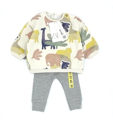 NWT Zara Baby Girls Safari Animals Fleece Sweatshirt & Gray Ribbed Leggings 1-3M - Image 1 of 4