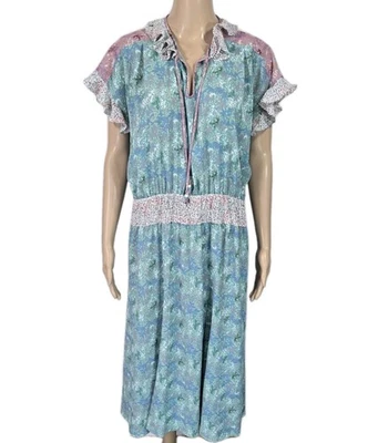 Vestido floral vintage Diane Freis azul rosa com babado acabamento boho cottagecore tamanho M/G* - Imagem 1 de 4