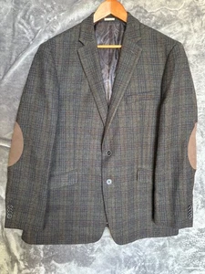 JOSEPH ABBOUD Academic Brown Plaid Sport Coat 100% Wool 44R Elbow Patches - Picture 1 of 14