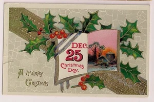 1913 December 25th Christmas Day Gold Gilt Gel Postcard - Picture 1 of 1