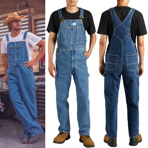 HISEA Men Denim Bib Overalls Relaxed Fit Workwear Jumpsuit Dungarees Tool Pocket - Picture 1 of 53