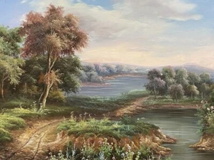 Oil Painting Of Outdoor Nature Trail and Lake View Framed - Picture 1 of 2