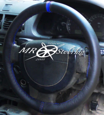 FOR PEUGEOT 308 BLACK LEATHER STEERING WHEEL COVER 2007-2013 + ROYAL BLUE STRAP - Image 1 of 4