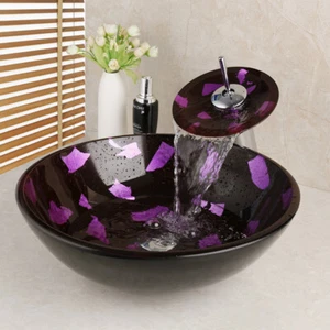 Purple Round Tempered Glass Art Basin Bowl Vessel Sink Mixer Waterfall Faucet - Picture 1 of 8