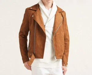 Men Brown Pure Suede Leather Jacket Slim Fit Biker Jacket Custom Size S M L XL - Picture 1 of 4