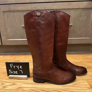 New Womens Frye Melissa Button 2 Brown Leather Knee High Riding Boots Size 7 M - Picture 1 of 8