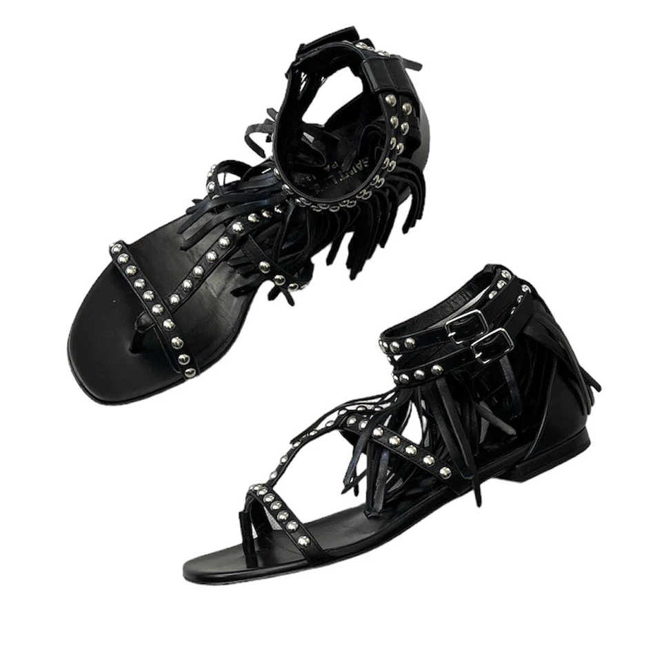 Saint Laurent Women’s Nu Pieds Fringe & Studded Gladiator Sandals size 36 Black - Image 1 of 4