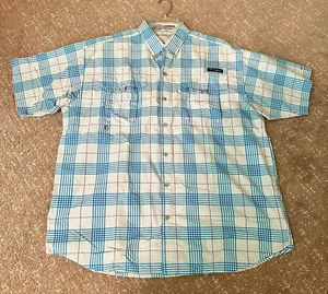 Columbia Men's L PFG Fishing Shirt SS Vented Omni-Shade Super Bahama Blue Plaid - Picture 1 of 7