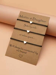 3pcs Heart Decor Black String Bracelet Mother & Daughter Bracelets Gift for Mom - Picture 1 of 6