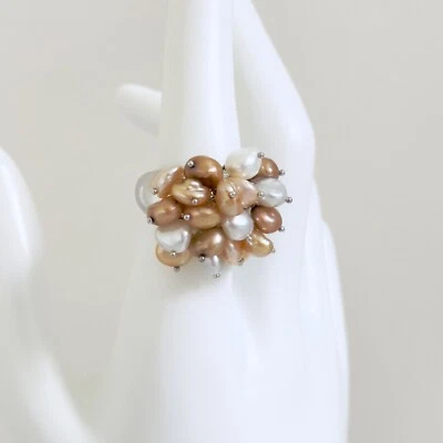 925 Sterling Silver Multicolor Genuine Real Pearl Chunky Statement Ring Size 8 - Image 1 of 4