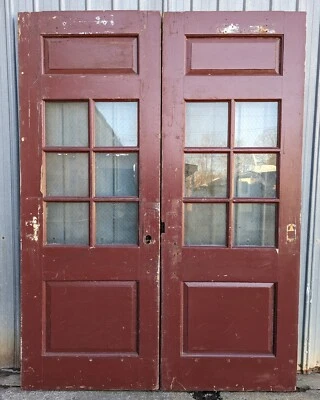 Par de puertas de madera antiguas vintage antiguas rescatadas 62"x90x2 ventana pollo-alambre vidrio Foto 1 de 4