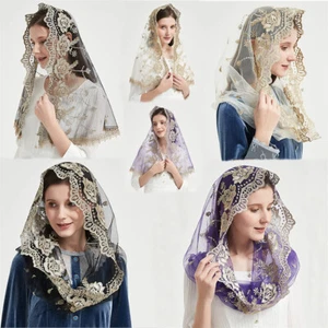 Gold Embroidered Lace Catholic Mantilla Veils For Church Chapel Purple Infinity - Picture 1 of 48