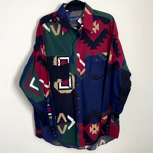 Camicia vintage Wrangler manica lunga perla snap uomo XL 17,5 western coda lunga - Foto 1 di 8