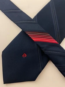 Vtg Pierre Cardin Short Mens Neck Tie Navy Blue w/ red Stripes & Logo Skinny - Picture 1 of 7