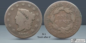 1826 Coronet Head Large Cent, N-1, Dash After 6 Variety, Good Condition, C7536 - Picture 1 of 1