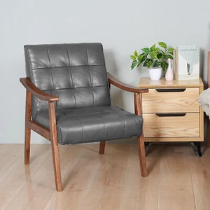 Mid-Century Modern Upholstered Leather Accent Chair Comfy Armchair Lounge Chair - Picture 1 of 8