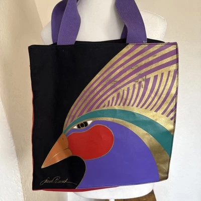Bolso de Mano Laurel Burch Lona Vintage Años 80 Años 90 Pájaro Negro Rojo Bolso de Mano Foto 1 de 4