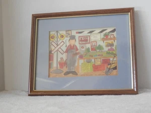 Vintage 1989 gerahmte Karikatur Cartoon Zeichnung eines Schaffners mit Zug aufgebaut - Bild 1 von 2