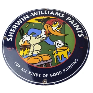 Vintage Sherwin Williams Sign - Paint Brush Painting Gas Oil Pump Porcelain Sign - Picture 1 of 14