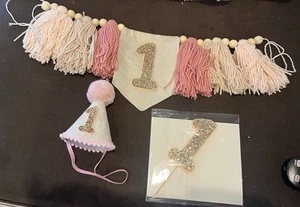 Cappello banner seggiolone macaron fatto a mano boho bambina 1° compleanno cake topper rosa - Foto 1 di 11