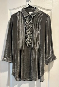Soft Surroundings Sz M Velvet Grey Tunic Top Silk 3/4 Sleeve Ruffled Whimsical - Picture 1 of 12