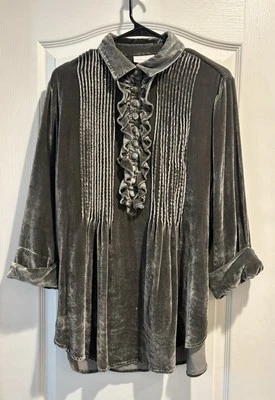 Top túnica gris terciopelo suave envolvente talla M seda manga 3/4 volantes caprichoso Foto 1 de 4