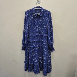 Abito midi ME+EM blu con volant intricato floreale aderente svasato manica lunga taglia UK 12 - Foto 1 di 7