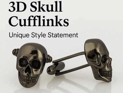 3D Herren Manschettenknöpfe Skelett Totenkopf Nieten Schwarz Grau Metal Geschenk - Bild 1 von 4