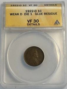 Centavo de trigo Lincoln 1922 D 1C ANACS VF30 débil troquel D # 1 (511.160) - Imagen 1 de 4