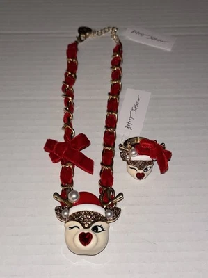 Betsey Johnson Winking Reindeer Christmas Holiday Statement Necklace Ring Set - Image 1 of 4