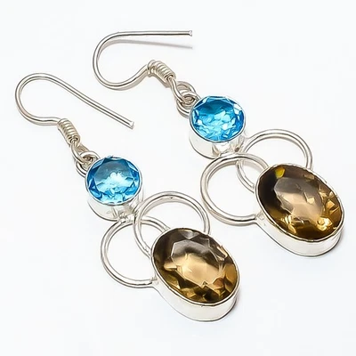 Smoky Quartz, Blue Topaz Gemstone Silver Plated Jewelry Earring 1.95" TE07-361 - Image 1 of 3