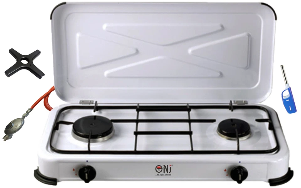 NJ Gaskocher 2 flammig Campingkocher 2er Kocher 3,4 KW mit Deckel Gasherd Kochfeld